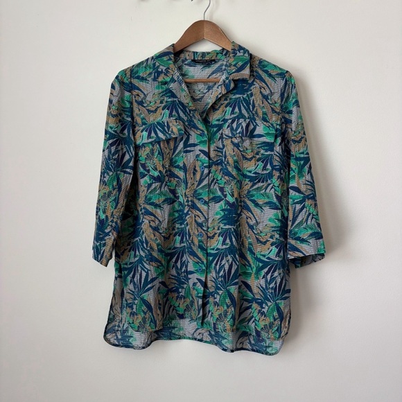 Lafayette 148 Leaf Print Shirt Medium Cotton Silk Blue Green - Picture 1 of 7
